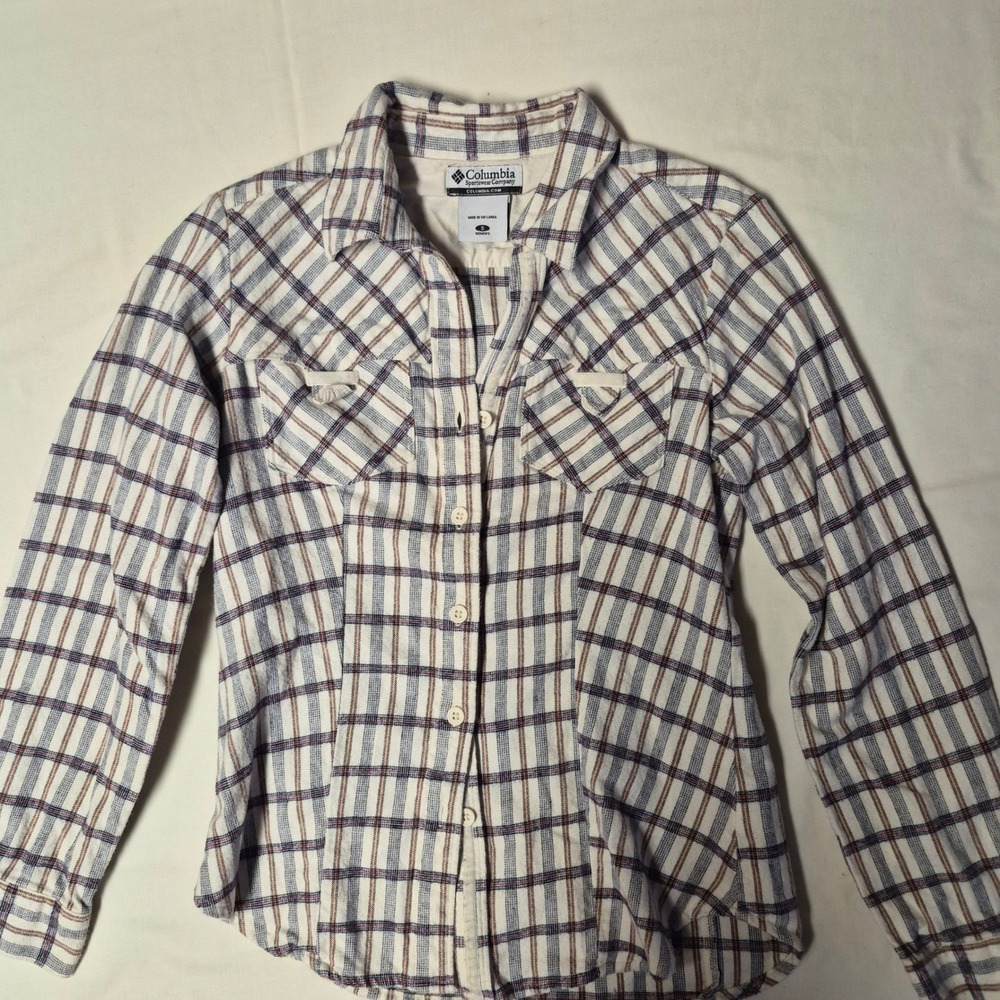 Columbia Womens Small Plaid Flannel Button Down Shirt White Blue Long‎ Sleeve S